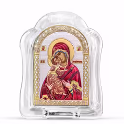 Virgin Mary Vladimir Arch Icon Murano glass. Painted face. Silver 999. Gold. Coloured.