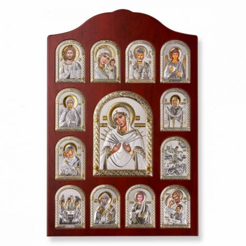 VM 7 Swords Rectangular Icon. Painted face. Brown base. Silver 999. Gold.