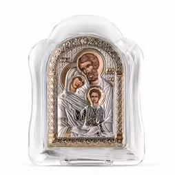 Sacra Famiglia Icona ad arco in vetro di Murano. Quadrante dipinto. Argento 999. Oro.