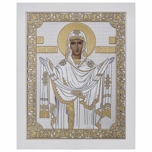 Vergine Maria Pokrova Icona rettangolare. Quadrante dipinto. Base bianca. Argento 999. Oro.