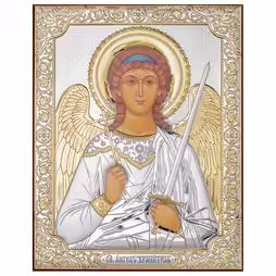 St. Angel Rectangular Icon. Painted face. No frame. Silver 999. Gold.