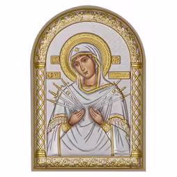 VM 7 Sorrows Icona ad arco. Faccia dipinta. Base bianca. Argento 999. Oro.