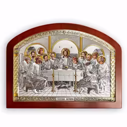 L'Ultima Cena Icona ad arco. Faccia dipinta. Base marrone. Argento 999. Oro.
