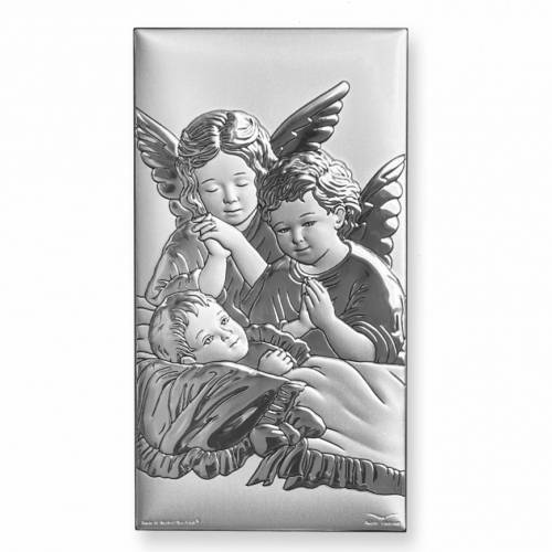 Guardian Angel Rectangular Catholic icon. Painted face. Brown base. Silver 999.