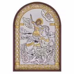 San Giorgio Icona ad arco. Faccia dipinta. Base marrone. Argento 999. Oro.