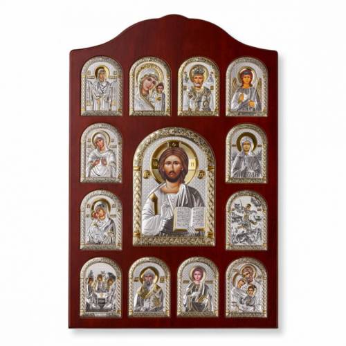 Cristo Icona rettangolare. Quadrante dipinto. Base marrone. Argento 999. Oro.