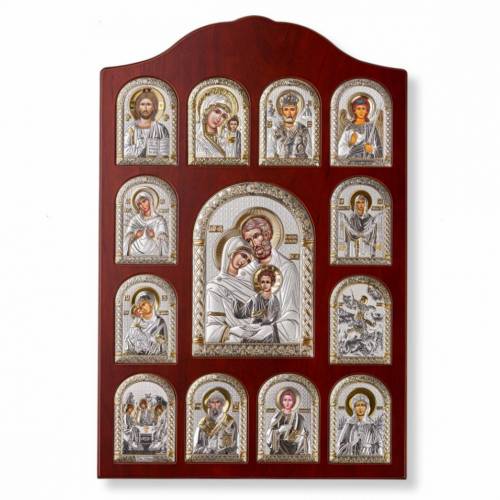 Holy Family Rectangular Icon. Painted face. Brown base. Silver 999. Gold.