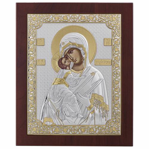 Vergine Maria Vladimir Icona rettangolare. Quadrante dipinto. Base marrone. Argento 999. Oro.
