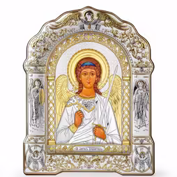 Sant'Angelo Icona ad arco con cornice sotto vetro. Volto dipinto. Argento 999. Oro.