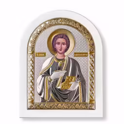Panteleimon Arch Icon. Painted face. White base. Silver 999. Gold.