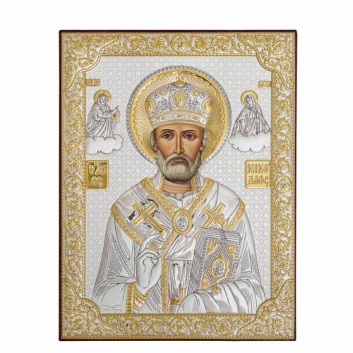 St. Nicholas Icona rettangolare. Volto dipinto. Senza cornice. Argento 999. Oro.