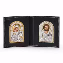 Vergine Maria Vladimir - Cristo Icona ad arco. Volto dipinto. Argento 999. Oro.