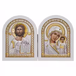 Piegatura di due lembi Icona ad arco. Faccia dipinta. Base bianca. Argento 999. Oro.
