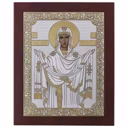 Vergine Maria Pokrova Icona rettangolare. Quadrante dipinto. Base marrone. Argento 999. Oro.