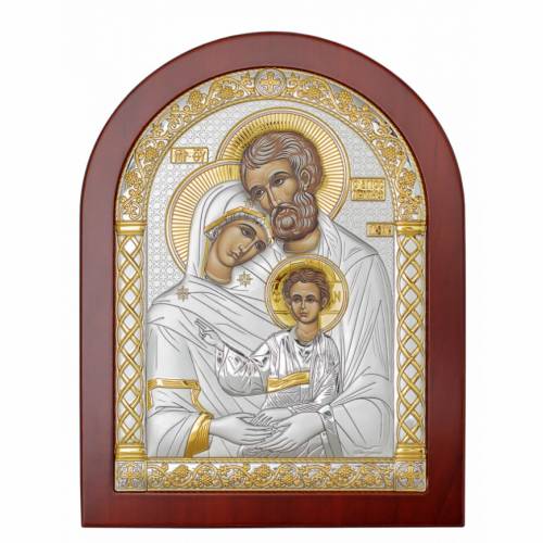 Sacra Famiglia Icona ad arco. Faccia dipinta. Base marrone. Argento 999. Oro.