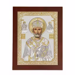 St. Nikolas Rectangular Icon. Painted face. Brown base. Silver 999. Gold.