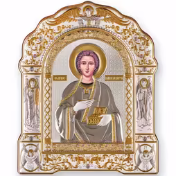 Panteleimon Icona ad arco con cornice. Volto dipinto. Argento 999. Oro.