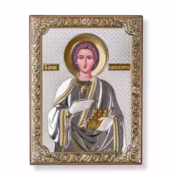 Panteleimon Rectangular Icon. Painted face. No frame. Silver 999. Gold.