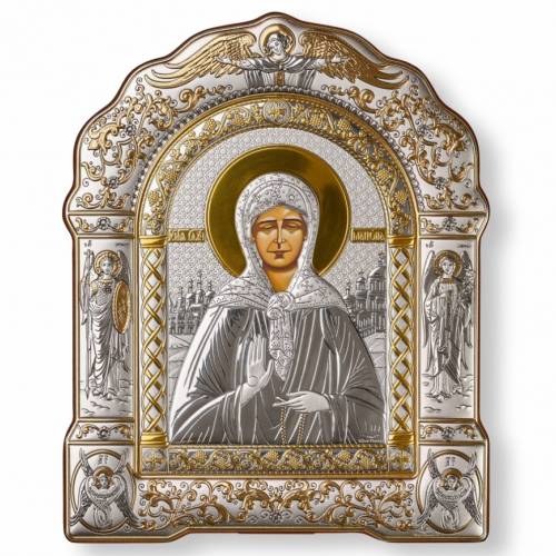 Santa Matrona Icona ad arco con cornice. Volto dipinto. Argento 999. Oro.