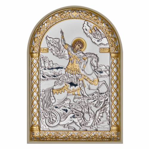San Giorgio Icona ad arco. Faccia dipinta. Base bianca. Argento 999. Oro.