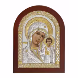 VM Kazan Icona ad arco. Faccia dipinta. Base marrone. Argento 999. Oro.