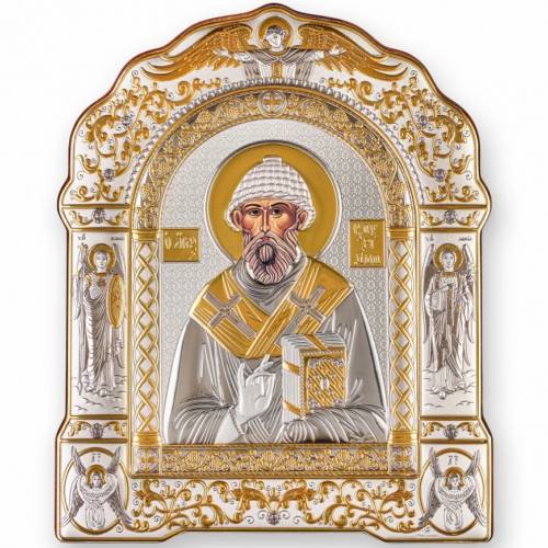 San Spiridione Icona ad arco con cornice sotto vetro. Volto dipinto. Argento 999. Oro.