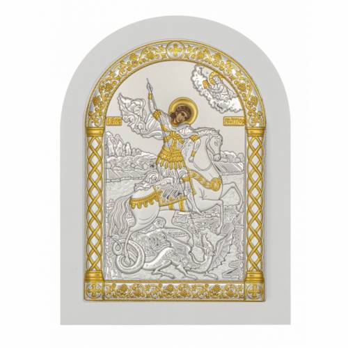 San Giorgio Icona ad arco. Faccia dipinta. Base bianca. Argento 999. Oro.