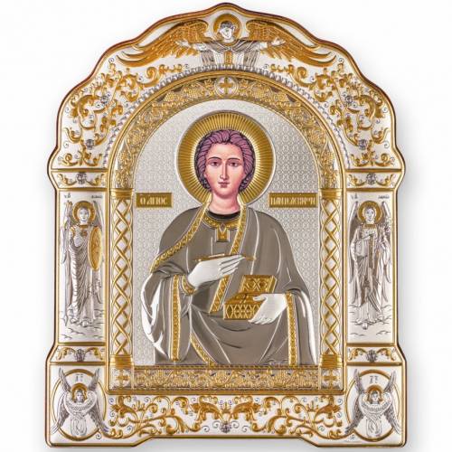 Panteleimon Icona ad arco con cornice sotto vetro. Volto dipinto. Argento 999. Oro.