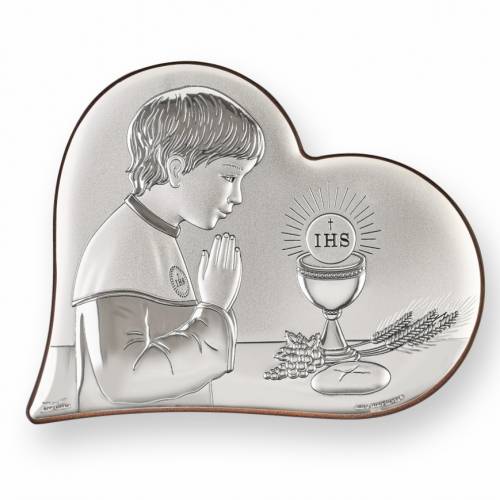 Ragazzo della prima comunione Icona cattolica a forma di cuore. Volto dipinto. Argento 999