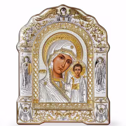 VM Kazan Arch Icon with a frame under glass. Painted face. Silver 999. Gold.