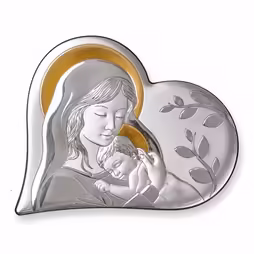 Vergine Maria e Bambino Icona cattolica a forma di cuore. Volto dipinto. Argento 999. Oro