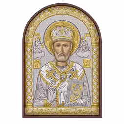 St. Nikolas Arch Icon. Painted face. Brown base. Silver 999. Gold.