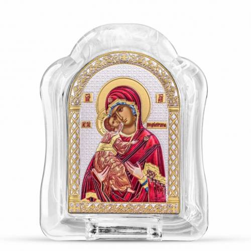Virgin Mary Vladimir Arch Icon Murano glass. Painted face. Silver 999. Gold. Coloured.