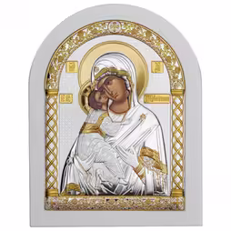 Vergine Maria Vladimir Icona ad arco. Faccia dipinta. Base bianca. Argento 999. Oro.