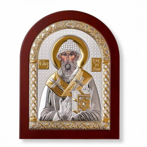 St. Spyridon Arch Icon. Painted face. Brown base. Silver 999. Gold.