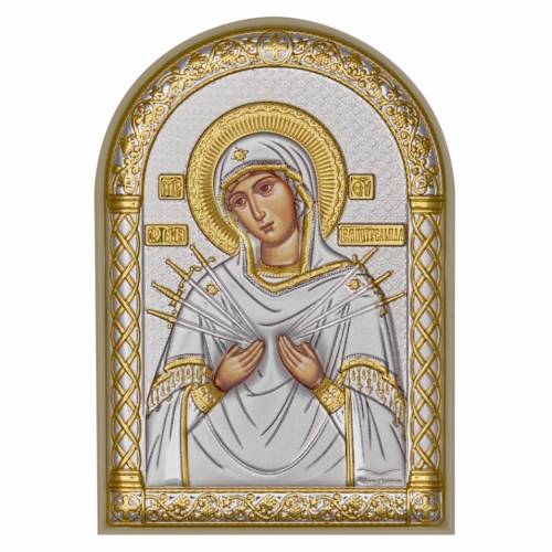 VM 7 Sorrows Icona ad arco. Faccia dipinta. Base bianca. Argento 999. Oro.