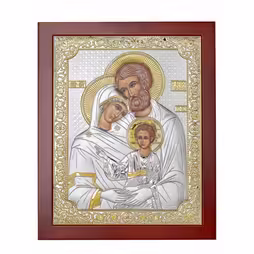 Holy Family Rectangular Icon. Painted face. Brown base. Silver 999. Gold.