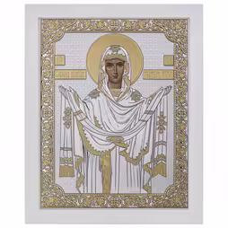 Vergine Maria Pokrova Icona rettangolare. Quadrante dipinto. Base bianca. Argento 999. Oro.