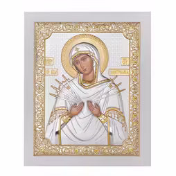 VM 7 Swords Rectangular Icon. Painted face. White base. Silver 999. Gold.