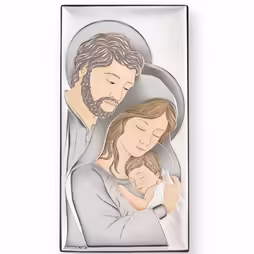 Sacra Famiglia Icona cattolica rettangolare. Volto dipinto. Base marrone. Argento 999. Oro