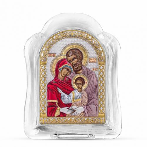 Holy Family Arch Icon Murano glass. Painted face. Silver 999. Gold. Coloured.