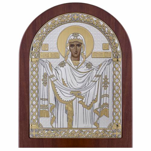 Vergine Maria Pokrova Icona ad arco. Faccia dipinta. Base marrone. Argento 999. Oro.