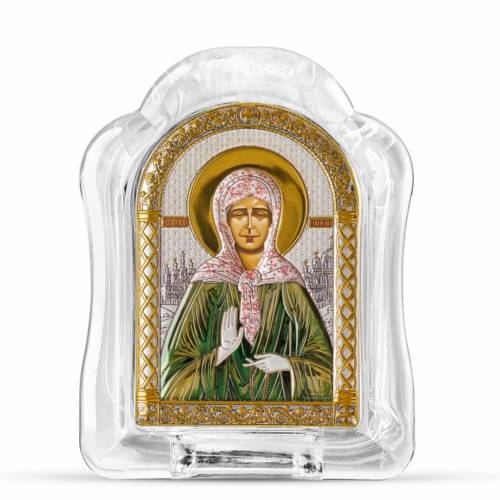 Santa Matrona Icona ad arco in vetro di Murano. Quadrante dipinto. Argento 999. Oro. Colorato.