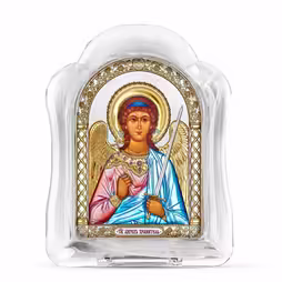 Sant'Angelo Icona ad arco in vetro di Murano. Quadrante dipinto. Argento 999. Oro. Colorato.