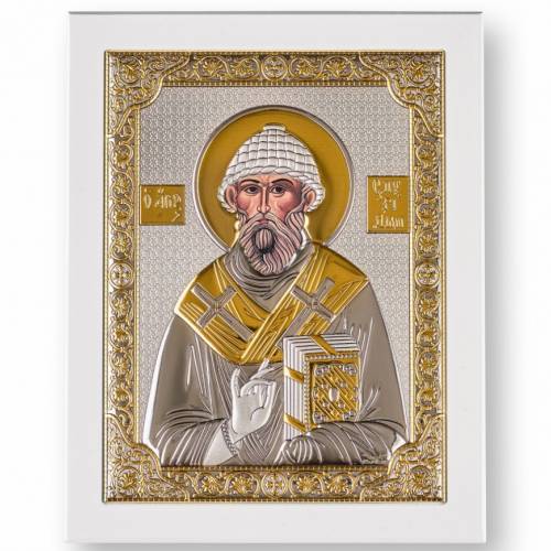 St. Spyridon Rectangular Icon. Painted face. White base. Silver 999. Gold.