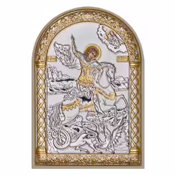 San Giorgio Icona ad arco. Faccia dipinta. Base bianca. Argento 999. Oro.