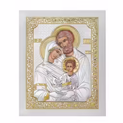Holy Family Rectangular Icon. Painted face. White base. Silver 999. Gold.