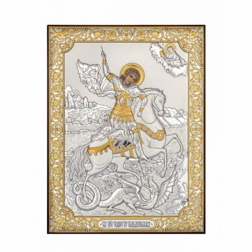 St. George Rectangular Icon. Painted face. No frame. Silver 999. Gold.