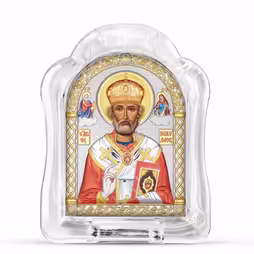 San Nicola Icona ad arco in vetro di Murano. Quadrante dipinto. Argento 999. Oro. Colorato.