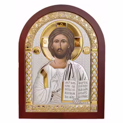Cristo Icona ad arco. Faccia dipinta. Base marrone. Argento 999. Oro.